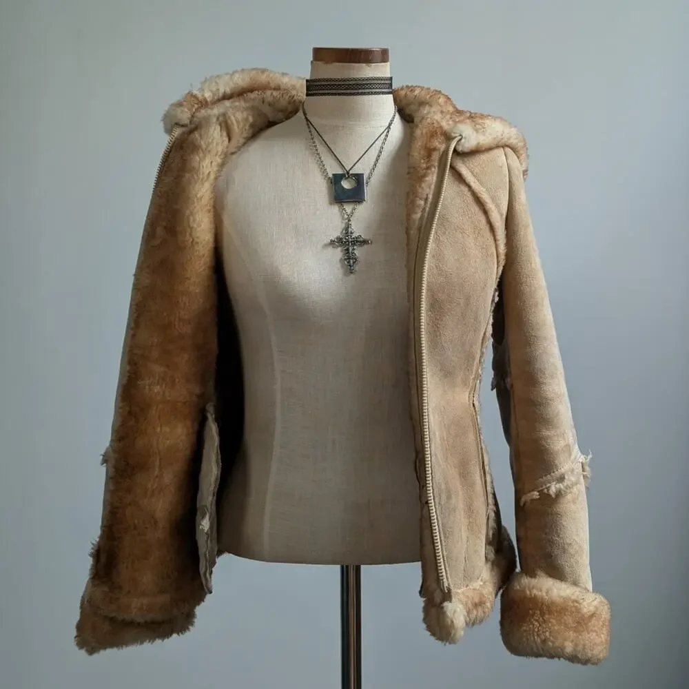 Vintage Tan Suede Shearling Coat Brown Wool Jacket Boho Chic Fur Coat Hood XS - Picture 2 of 12
